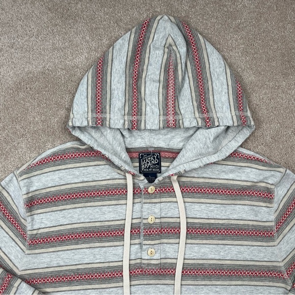 Lucky Brand Knit Wear Hoodie Large Gray & Red Stripe Pullover Casual Preppy Men - Picture 3 of 15